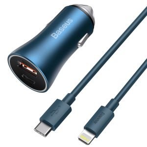 Chargeur de voiture Baseus Golden Contactor Pro, USB+USB-C, QC4.0+, PD, SCP, 40W (bleu) + Câble USB-C vers Lightning 1m (bleu)