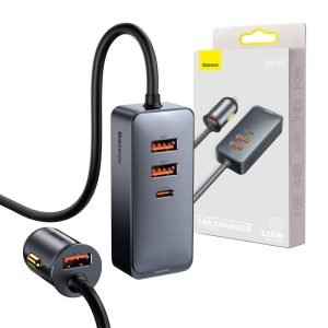 Chargeur de voiture Baseus Share Together avec rallonge, 3x USB, USB-C, 120W - Gris