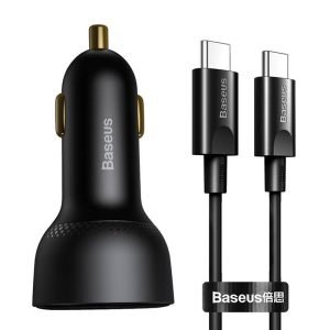 Chargeur de voiture Baseus Superme, USB, USB-C, 100W + câble USB-C - Noir