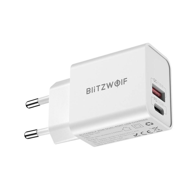 Chargeur mural BlitzWolf BW-S20, USB, USB-C, 20W - Blanc