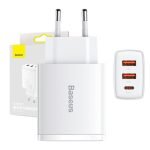 Chargeur rapide compact Baseus, 2xUSB, USB-C, PD, 3A, 30W - Blanc