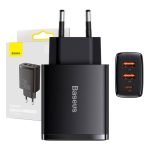 Chargeur Rapide Compact Baseus - 2xUSB, USB-C, PD, 3A, 30W - Noir