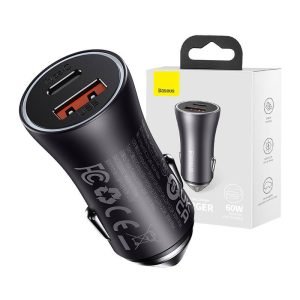 Chargeur de voiture Baseus Golden Contactor Max, USB + USB-C, 60W - Gris