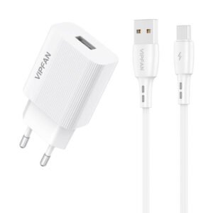 Chargeur réseau Vipfan E01, 1x USB, 2.4A + câble USB-C - Blanc
