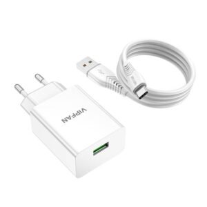 Chargeur mural Vipfan E03, 1x USB, 18W, QC 3.0 + câble USB-C - Blanc