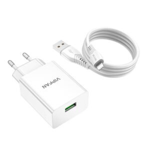 Chargeur réseau Vipfan E03, 1x USB, 18W, QC 3.0 + Câble Lightning - Blanc