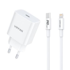 Chargeur mural Vipfan E04, USB-C 20W QC 3.0 + Câble Lightning - Blanc