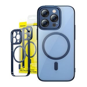 Ensemble Coque Magnétique Transparente et Verre Trempé Baseus Glitter pour iPhone 14 Pro Max - Bleu