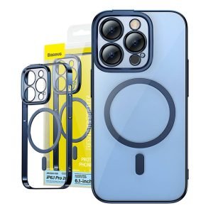 Coque magnétique transparente Baseus Glitter et verre trempé pour iPhone 14 Pro - Bleu