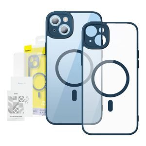 Coque magnétique transparente avec verre trempé pour iPhone 14 Plus - Baseus Frame - Bleu