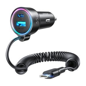 Chargeur de voiture Joyroom JR-CL07 3-en-1, 1x USB + 1x PD, 55W + câble Type-C - Noir