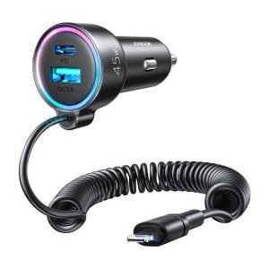 Chargeur de voiture Joyroom JR-CL08, 3-en-1, 1x USB + 1x PD, 55W + Câble Lightning - Noir