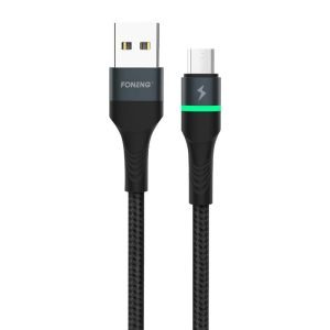 Câble USB vers Micro USB Foneng X79, LED, tressé, 3A, 1m - Noir