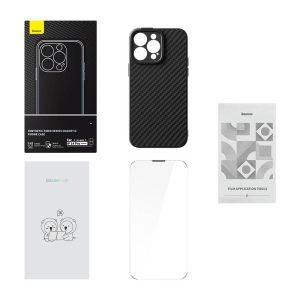 Coque magnétique Baseus Synthetic Fiber pour iPhone 14 Pro - Noir + Verre trempé + Kit de nettoyage