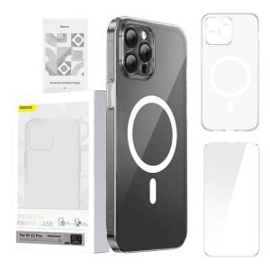 Coque magnétique transparente Baseus pour iPhone 12 Pro avec protection d'écran en verre trempé et kit de nettoyage