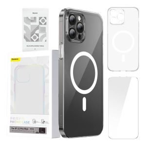 Coque magnétique transparente Baseus pour iPhone 12 Pro Max avec protection d'écran en verre trempé et kit de nettoyage