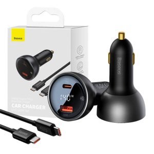 Chargeur de voiture Baseus Superme, USB et USB-C, 140W - Noir