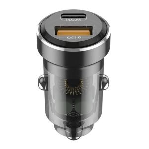 Chargeur de voiture Budi 30W, USB + USB-C, PD + QC 3.0 - Gris