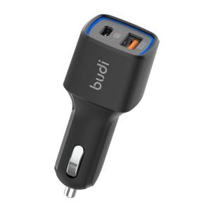 Chargeur de voiture LED Budi, USB + USB-C, 18W, PD + QC 3.0, Noir