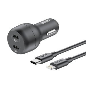 Chargeur de voiture Budi, 2x USB-C, 40W, PD + Câble USB-C vers Lightning (Noir)