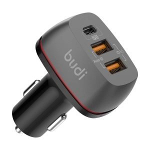 Chargeur de voiture Budi, 2x USB + USB-C, QC + PD - Noir