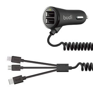 Chargeur de voiture double USB Budi 068T3 3.4A + câble 3 en 1 USB-C / Lightning / Micro USB - Noir