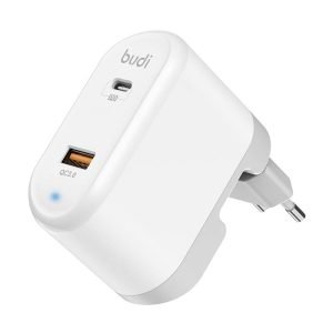 Chargeur mural universel Budi 328E USB + USB-C, 18W avec adaptateurs EU/UK/US - Blanc