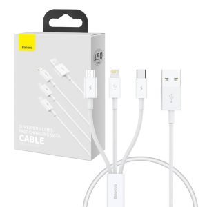 Câble de charge rapide USB vers M+L+C Baseus Superior Data 3.5A 0,5m - Blanc