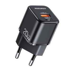 Chargeur mural MiniGaN Rocoren - USB-C, USB, 20W - Noir