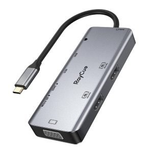 Hub 9en1 RayCue USB-C avec HDMI, VGA, USB-A, SD/TF, jack 3.5mm, PD 100W - Gris
