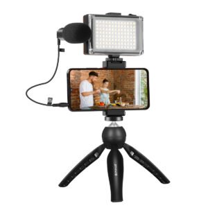 Kit de diffusion en direct - Puluz : Trépied, lampe LED, microphone, pince pour téléphone