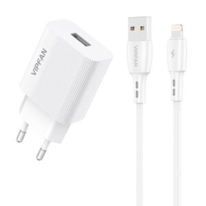 Chargeur réseau Vipfan E01 - 1x USB 2.4A + Câble Lightning - Blanc