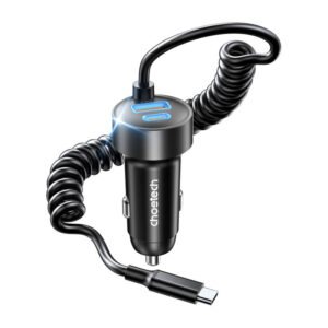 Chargeur voiture double port 65W - Choetech TC0030 avec câble ressort 1,2m