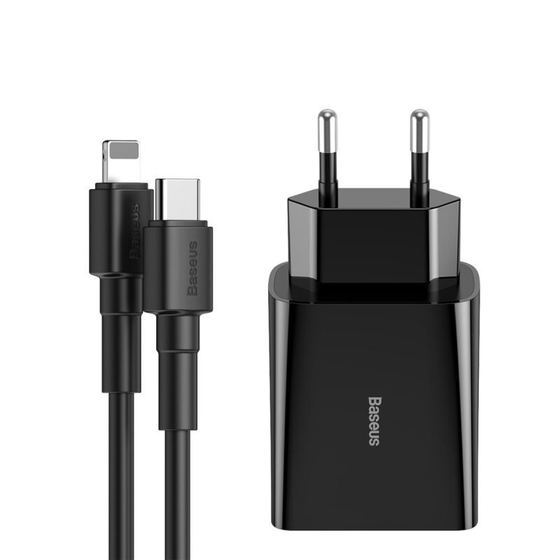 Chargeur Baseus USB-C Power Delivery 18W 3A + Câble USB-C vers Lightning 2,4A 1m Noir (Lot de 5) – Image 6