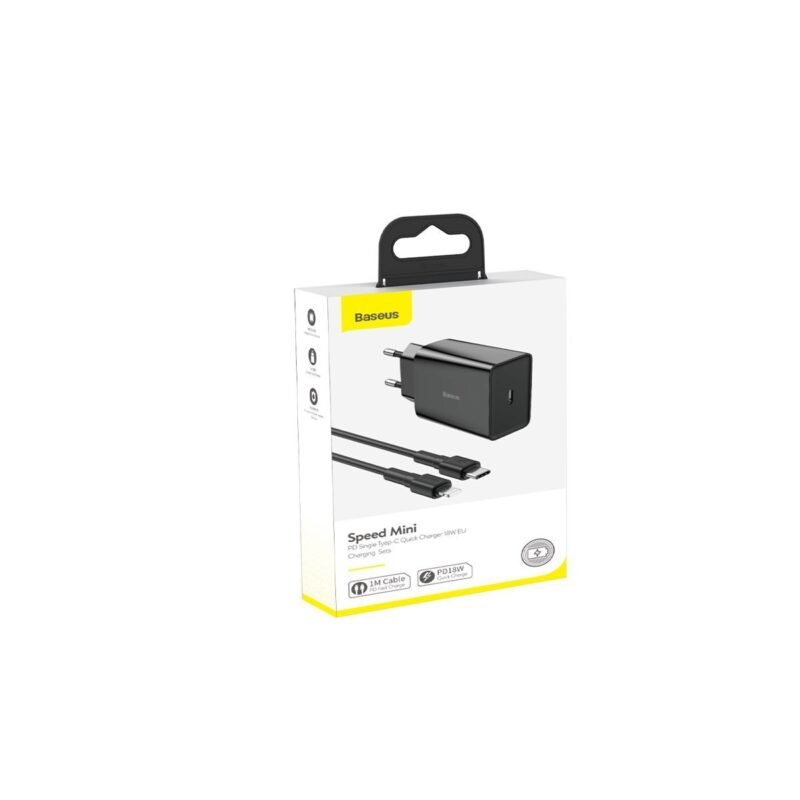 Chargeur Baseus USB-C Power Delivery 18W 3A + Câble USB-C vers Lightning 2,4A 1m Noir (Lot de 5) – Image 11